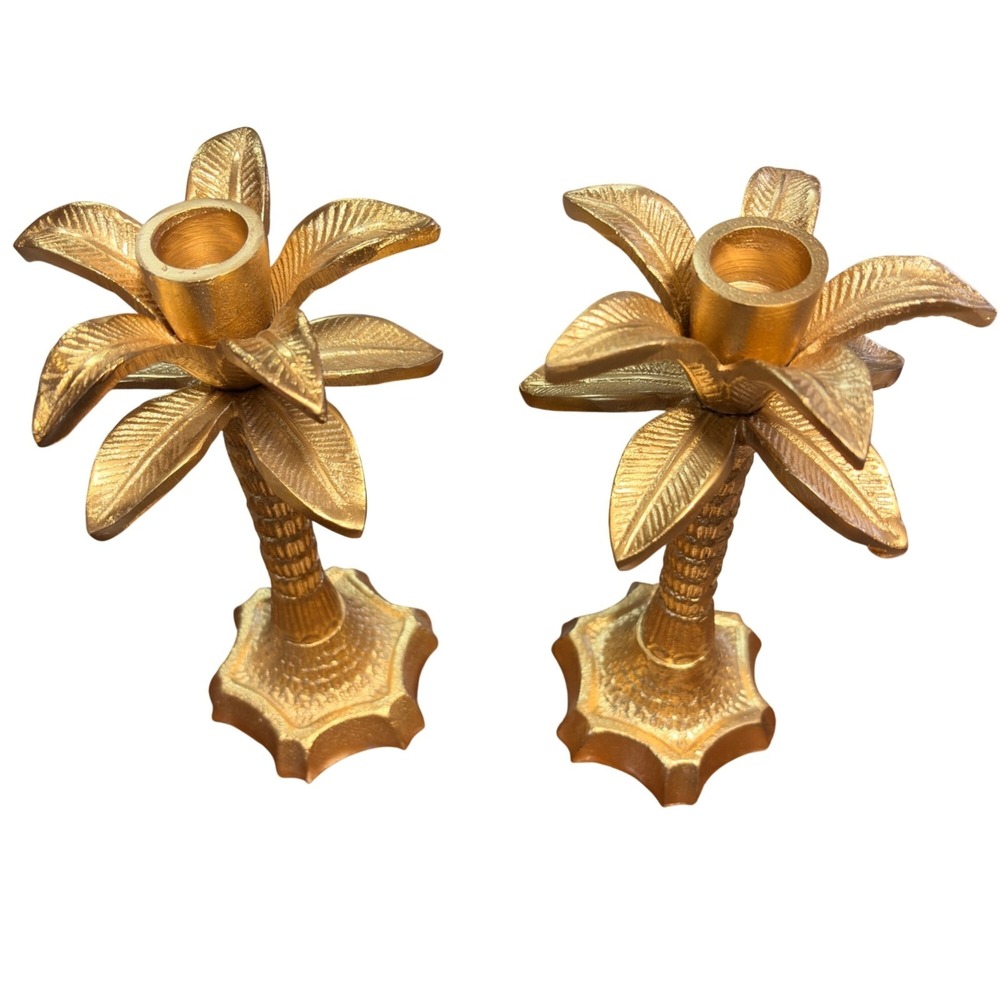 Gold Palm Tree Candle Holders Set 2 Metal Hollywood Regency Taper Candlestick 8" - Picture 2 of 9